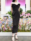 Sexy Sheath Sweetheart Black Ankle Length Prom Dress Formal Dresses With Feather HZ1024