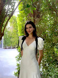 Sexy Mermaid Short Sleeves White Ankle Length Prom Dress Formal Dresses With Bow HZ1024