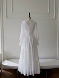 Sexy A line Long Sleeves White Ankle Length Prom Dress Formal Dresses With Ruffles HZ1024