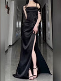 Sexy Sheath Spaghetti Straps Black Floor Length Prom Dress Formal Dresses With Slit HZ1024