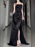 Sexy Sheath Spaghetti Straps Black Floor Length Prom Dress Formal Dresses With Slit HZ1024