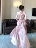 Sexy A Line V Neckline Halter Chiffon Pink Long Backless Prom Dress Formal Dresses HZ1024