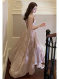 Simple A Line V Neckline Halter Pink Long Backless Prom Dress Formal Dresses HZ1024