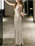 Simple Sheath Spaghetti Straps Ivory Silk Satin Long Slit Prom Dress Formal Dresses With Bottons HZ1024