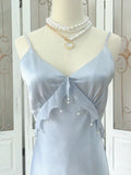 Simple Sheath Spaghetti Straps Light Sky Blue Long Prom Dress Formal Dresses With Pearls HZ1024