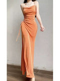 Modest Sheath Spaghetti Straps Velvet Long Organge Prom Dress Evening Dresses HZ1024