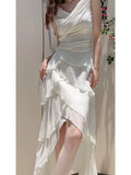 Modest High Low Spaghetti Straps White Chiffon Prom Dress Evening Dresses HZ1024