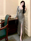 Modest Sheath V Neckline Long Sleeves Sequin Slit Prom Dress Evening Dresses HZ1024