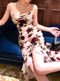 Simple Sheath Spaghetti Straps Floral Long Prom Dresses Evening Dress With Ruffles HZ1024
