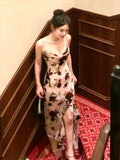 Simple Sheath Spaghetti Straps Floral Long Prom Dresses Evening Dress With Ruffles HZ1024