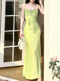 Modest Sheath Spaghetti Straps Green Long Prom Dresses Evening Dress With Ruffles HZ1024