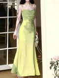 Modest Sheath Spaghetti Straps Green Long Prom Dresses Evening Dress With Ruffles HZ1024