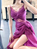 Modest Sheath Spaghetti Straps Lace Prom Dresses Ruffles Slit Evening Dress HZ1024