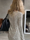 Sequin Round Neck Long Sleeve Mini Dinner Dress Short Homecoming Dresses HZ1024
