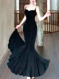 Pretty Sheath Spaghetti Straps Black Long Prom Dresses Evening Dress With Ruffles HZ1024