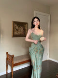 Modest Sheath Spaghetti Straps Green Floral Long Prom Dresses Backless Evening Dress HZ1024