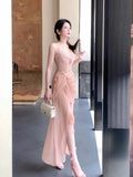 Pretty Sheath Spaghetti Straps Pink Prom Dresses Slit Evening Dress With Lace HZ1024