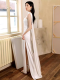 Sexy Sheath Strapless White Long Prom Dresses Satin Slit Birthday Outfits HZ1024