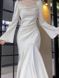 Pretty Mermaid Square Neckline Light Sky Blue Silk Satin Prom Dresses Sexy Evening Dress HZ1024