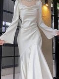 Pretty Mermaid Square Neckline Light Sky Blue Silk Satin Prom Dresses Sexy Evening Dress HZ1024