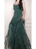 Pretty A Line Spaghetti Straps Green Long Chiffon Prom Dresses Sexy Evening Dress HZ1024