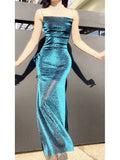 Pretty Sheath Spaghetti Straps Blue Sequin Long Prom Dresses Sexy Evening Dress HZ1024