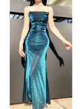 Pretty Sheath Spaghetti Straps Blue Sequin Long Prom Dresses Sexy Evening Dress HZ1024