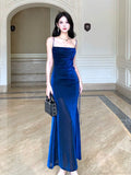 Pretty Sheath Straps Floor Length Royal Blue Slit Prom Dresses Simple Evening Dress HZ1024
