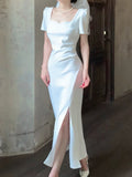 Pretty Mermaid Sweetheart White Satin Slit Long Prom Dresses HZ1024