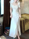 Pretty Mermaid Sweetheart White Satin Slit Long Prom Dresses HZ1024