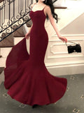 Pretty Mermaid Spaghetti Straps Burgundy Velvet Long Prom Dresses HZ1024