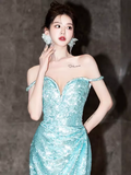 Sexy Mermaid Off The Shoulder Green Long Prom Dresses Sequin Birthday Outfits HZ1024