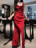 Pretty Mermaid Spaghetti Straps Burgundy Satin Slit Long Prom Dresses HZ1024