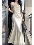 Pretty Mermaid Straps Ivory Silk Satin Long Prom Dresses HZ1024