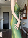 Pretty Sheath Spaghetti Straps Satin Green Long Prom Dresses HZ1024