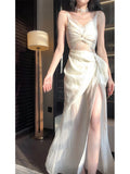 Pretty Sheath Spaghetti Straps Slit Ivory Long Prom Dresses HZ1024