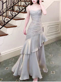 Pretty Sheath Spaghetti Straps Satin Long Prom Dresses HZ1024