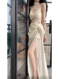 Pretty Sheath Spaghetti Straps Slit Ivory Long Prom Dresses HZ1024