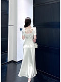 Pretty Sheath Square Neckline Short Sleeves Slit Ivory Long Prom Dresses HZ1024