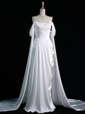 Sexy Sheath Off The Shoulder White Long Prom Dresses Satin Birthday Outfits HZ1024