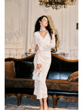 Pretty Sheath V Neckline Long Sleeves White Floral Lace Long Prom Dresses HZ1024