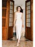 Pretty Sheath Spaghetti Straps White Ruffles Long Prom Dresses HZ1024