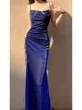 Pretty Sheath Spaghetti Straps Royal Blue Ruffles Sequin Prom Dresses HZ1024