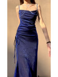 Pretty Sheath Spaghetti Straps Royal Blue Ruffles Sequin Prom Dresses HZ1024