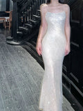 Pretty Sheath Spaghetti Straps Silver Sequin Prom Dresses HZ1024