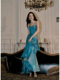 Vintage Mermaid Spaghetti Straps Sleeveless Blue Long Prom Dresses Evening Dress HZ1024