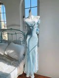 Pretty Mermaid Spaghetti Straps Light Sky Blue Long Prom Dresses Evening Dress HZ1024
