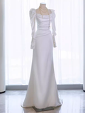 Vintage Mermaid Long Sleeves White Satin Long Wedding Dresses HZ1024