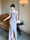 Pretty Mermaid Straps Gray Satin Slit Long Prom Dresses Evening Dress HZ1024