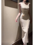 Sexy Sheath Ivory Satin Slit Ankle Length Prom Dresses Evening Dress HZ1024